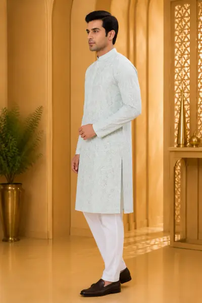 Powder Blue Chikankari Style Embroidered Festive Kurta view 4