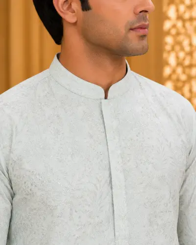 Powder Blue Chikankari Style Embroidered Festive Kurta view 2