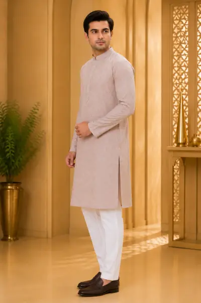 Pastel Peach Chikankari Style Embroidered Kurta view 4