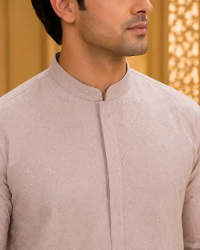 Pastel Peach Chikankari Style Embroidered Kurta view 2