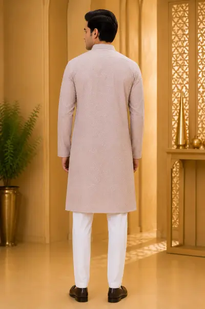 Pastel Peach Chikankari Style Embroidered Kurta view 3