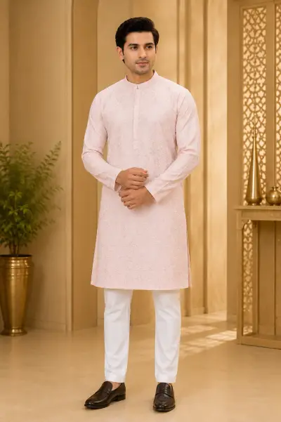 Pastel Pink Chikankari Style Embroidered Kurta