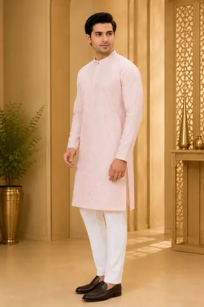 Pastel Pink Chikankari Style Embroidered Kurta view 4