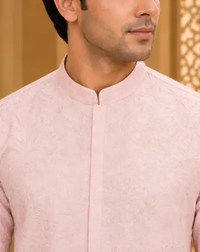 Pastel Pink Chikankari Style Embroidered Kurta view 2