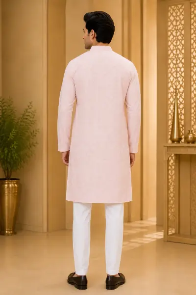 Pastel Pink Chikankari Style Embroidered Kurta view 3
