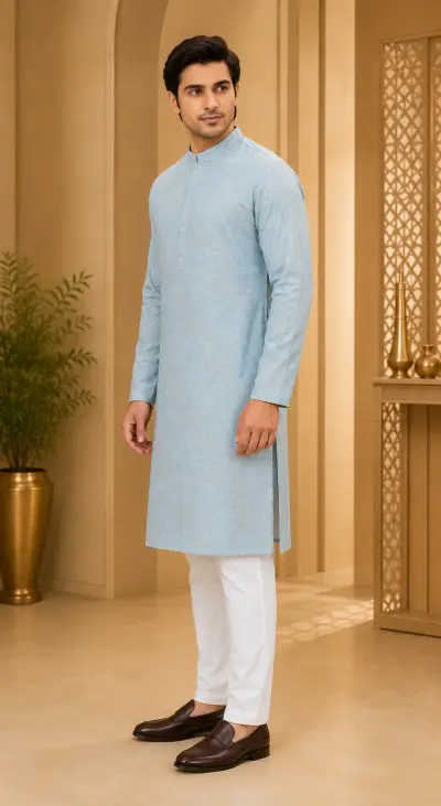 Powder Blue Chikankari Embroidered Kurta view 4