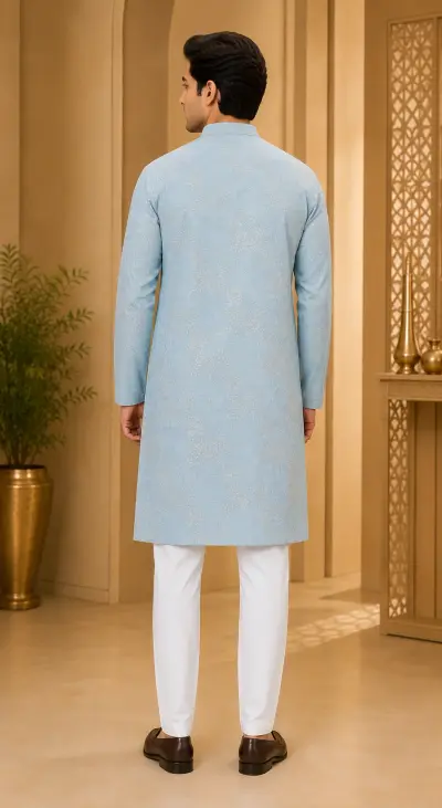 Powder Blue Chikankari Embroidered Kurta view 3