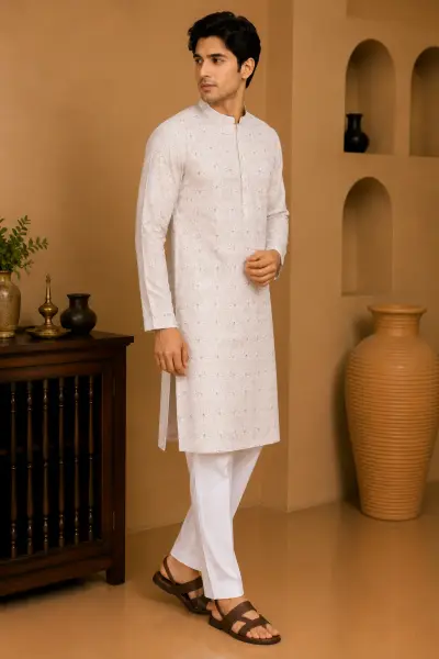 Ivory Embroidered Silk Kurta view 4