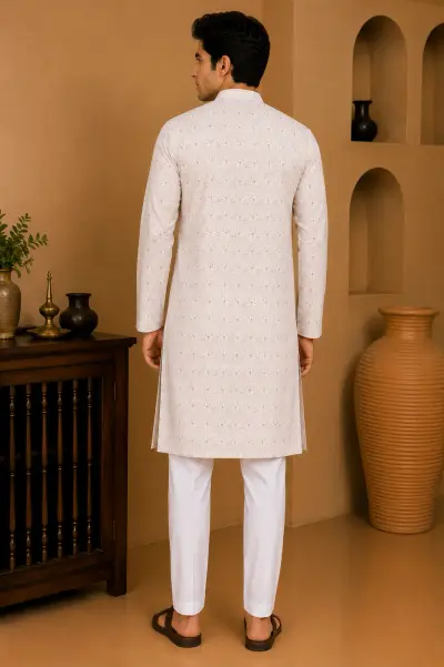 Ivory Embroidered Silk Kurta view 3
