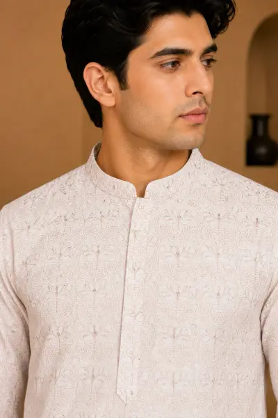 Ivory Embroidered Silk Kurta view 2
