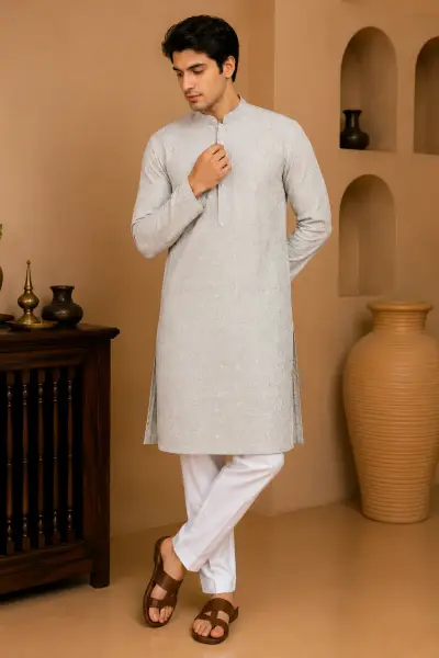 Pearl White Embroidered Silk Kurta