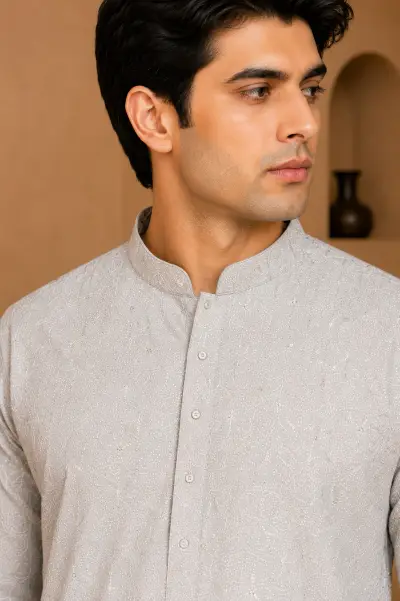 Pearl White Embroidered Silk Kurta view 2