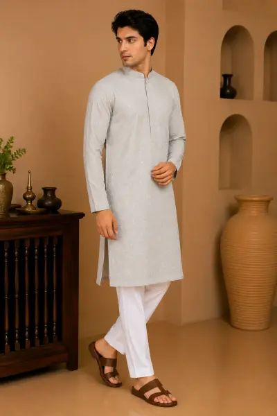 Pearl White Embroidered Silk Kurta view 4