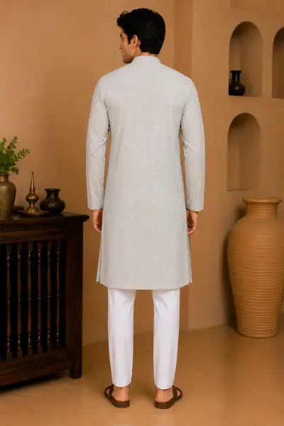 Pearl White Embroidered Silk Kurta view 3