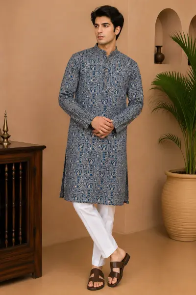Royal Blue Embroidered Silk Kurta