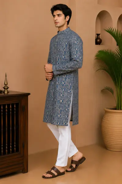 Royal Blue Embroidered Silk Kurta view 4