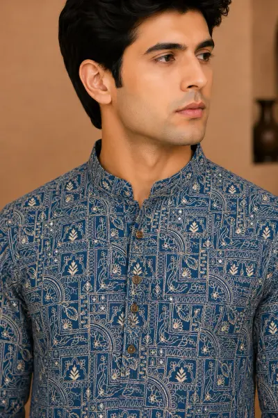 Royal Blue Embroidered Silk Kurta view 2