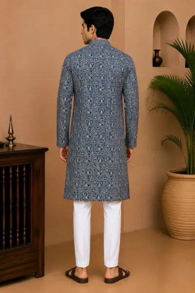 Royal Blue Embroidered Silk Kurta view 3