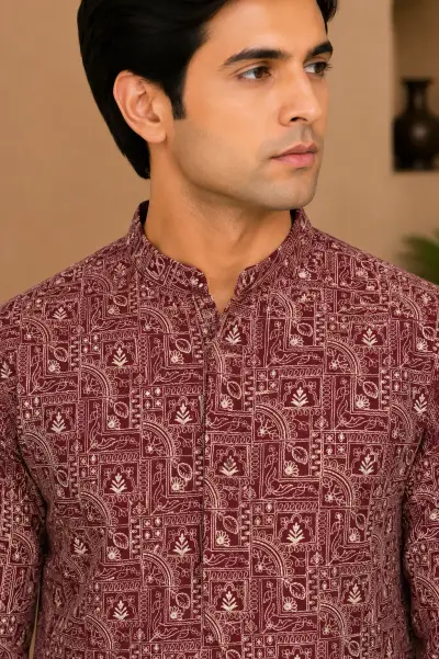 Maroon Embroidered Silk Kurta view 2