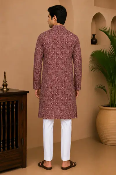 Maroon Embroidered Silk Kurta view 3