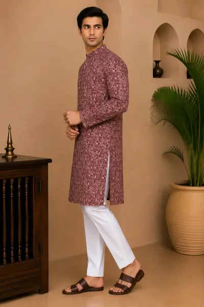 Maroon Embroidered Silk Kurta view 4