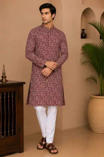 Maroon Embroidered Silk Kurta