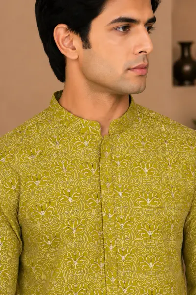 Green Embroidered Silk Kurta view 4