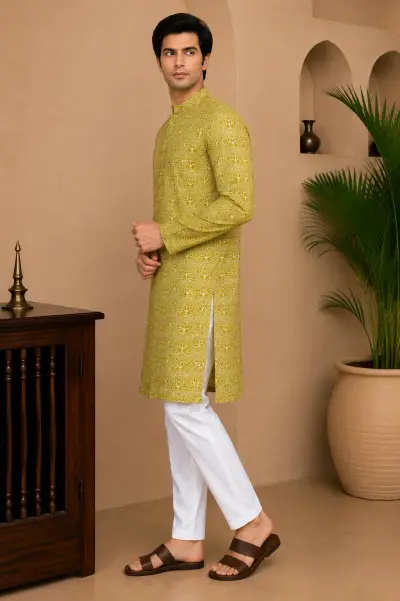 Green Embroidered Silk Kurta view 3