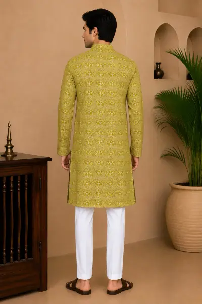 Green Embroidered Silk Kurta view 2
