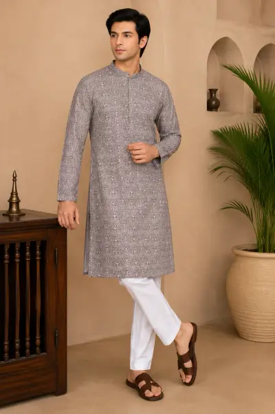 Grey Embroidered Silk Kurta