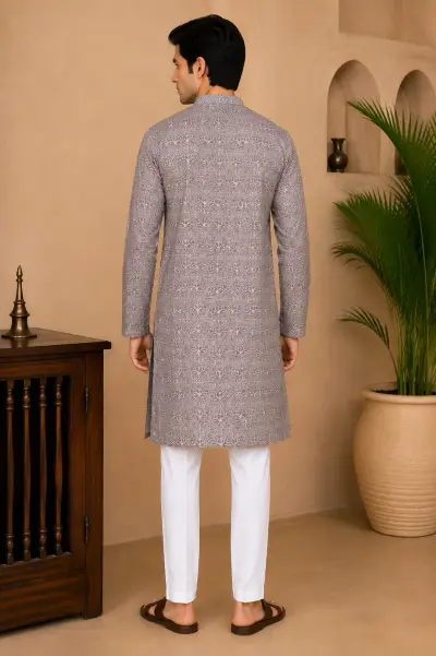 Grey Embroidered Silk Kurta view 3