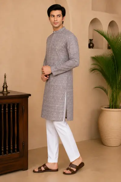 Grey Embroidered Silk Kurta view 4