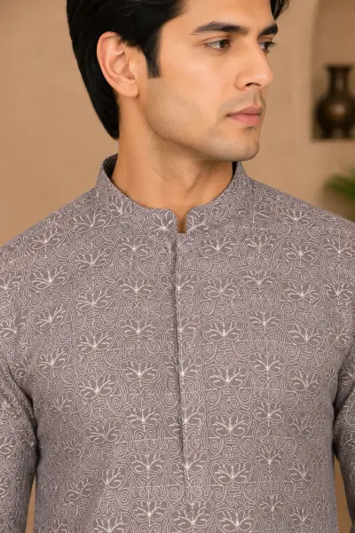 Grey Embroidered Silk Kurta view 2