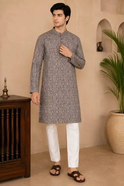 Slate Grey Embroidered Silk Kurta