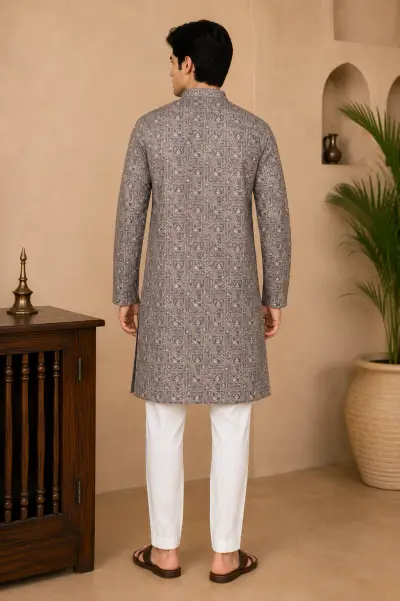 Slate Grey Embroidered Silk Kurta view 3