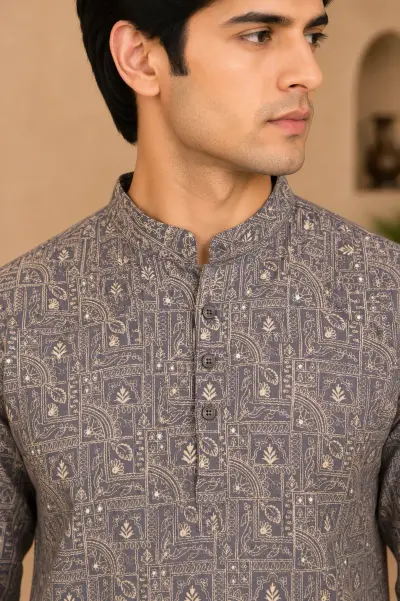 Slate Grey Embroidered Silk Kurta view 2