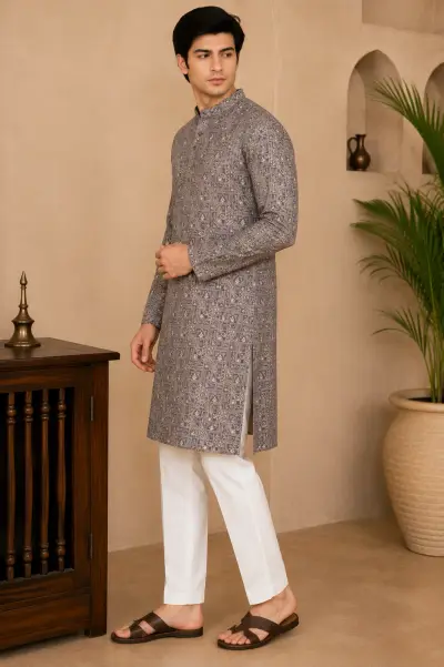 Slate Grey Embroidered Silk Kurta view 4