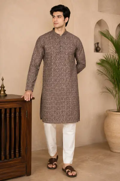 Coffee Brown Embroidered Silk Kurta