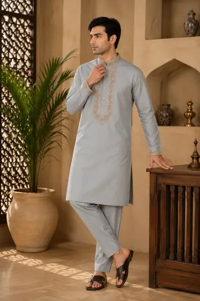 Sky Blue Cotton Embroidered Kurta Set