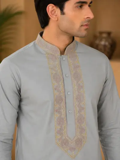 Sky Blue Cotton Embroidered Kurta Set view 2
