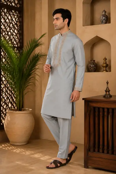 Sky Blue Cotton Embroidered Kurta Set view 4