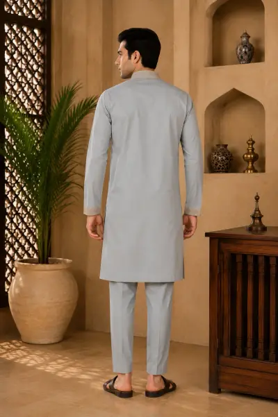 Sky Blue Cotton Embroidered Kurta Set view 3