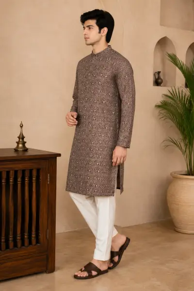 Coffee Brown Embroidered Silk Kurta view 4