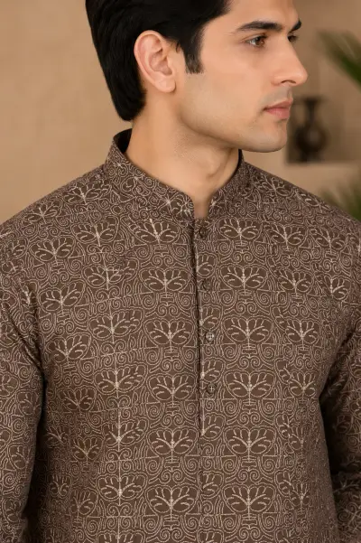 Coffee Brown Embroidered Silk Kurta view 2