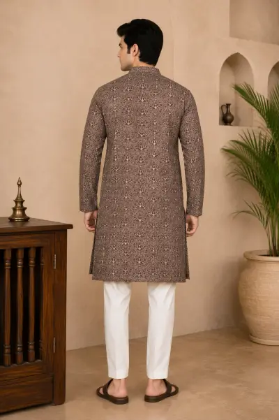 Coffee Brown Embroidered Silk Kurta view 3