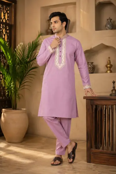 Lavender Cotton Embroidered Kurta Set