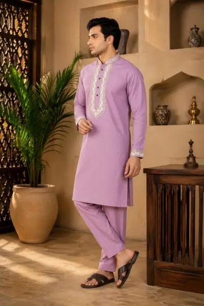 Lavender Cotton Embroidered Kurta Set view 4