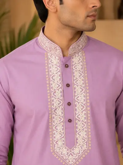 Lavender Cotton Embroidered Kurta Set view 2