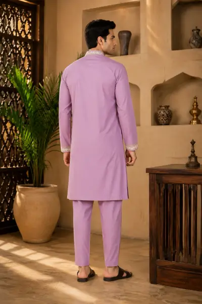 Lavender Cotton Embroidered Kurta Set view 3