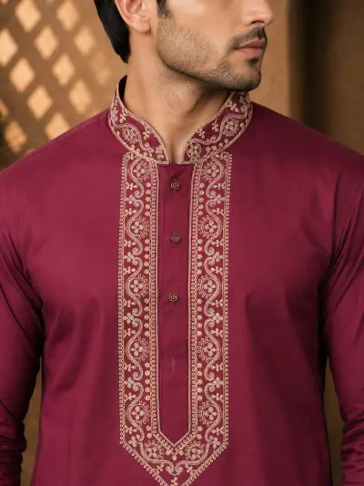 Maroon Cotton Embroidered Kurta Set view 2